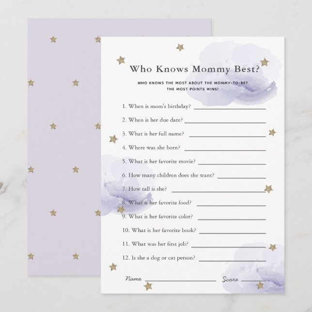 Stars & Clouds Who Knows Mum Shower Game Lavender Invitation (Front/Back)