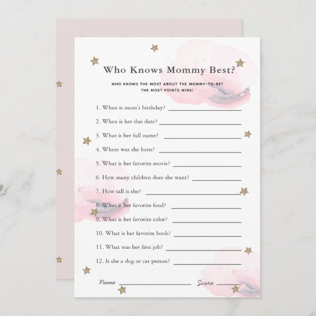Stars & Clouds Who Knows Mum Shower Game Pink Card (Front/Back)