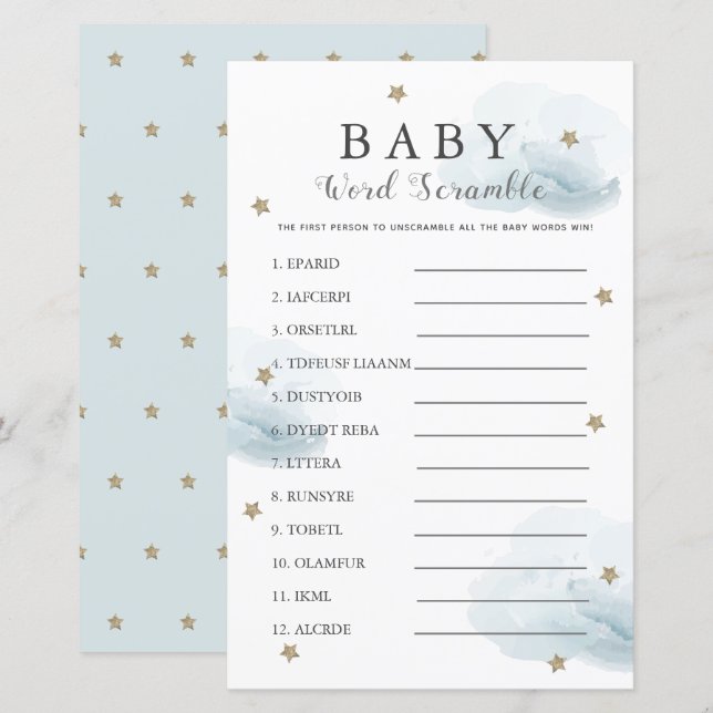 Stars & Clouds Word Scramble Baby Shower Blue Game (Front/Back)