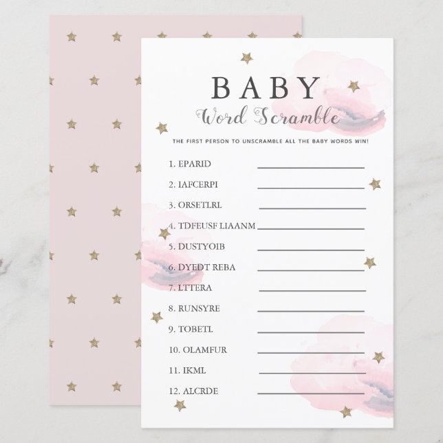 Stars & Clouds Word Scramble Baby Shower Pink Game (Front/Back)
