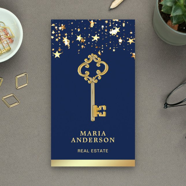 Stars Confetti Chic Gold Antique Key Real Estate Business Card (Creator Uploaded)