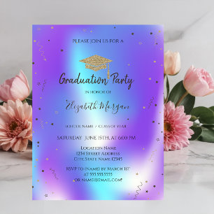  Stars Confetti Grad Cap Holographic Graduation  Invitation