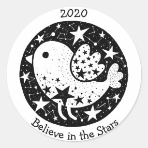 Stars & Constellations Cute Bird Flying B/W Classic Round Sticker