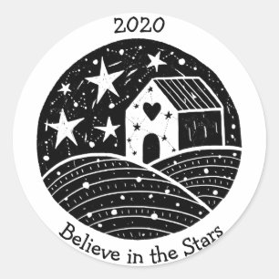 Stars & Constellations House on Hill Night Sky B/W Classic Round Sticker