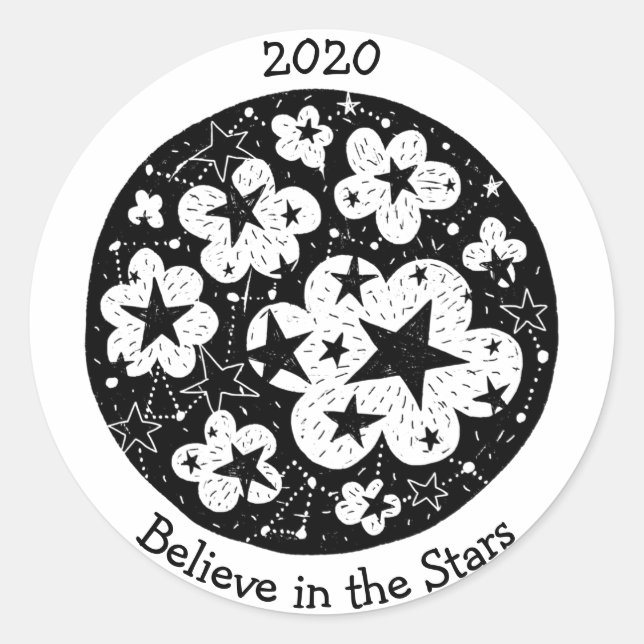 Stars & Constellations Popcorn Blossoms Clouds B/W Classic Round Sticker (Front)