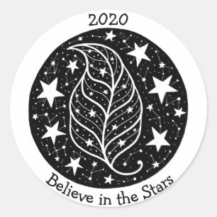 Stars & Constellations Tree Leaf Nature B/W Classic Round Sticker