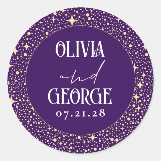 Stars Dark Purple Night Wedding Classic Round Sticker (Front)