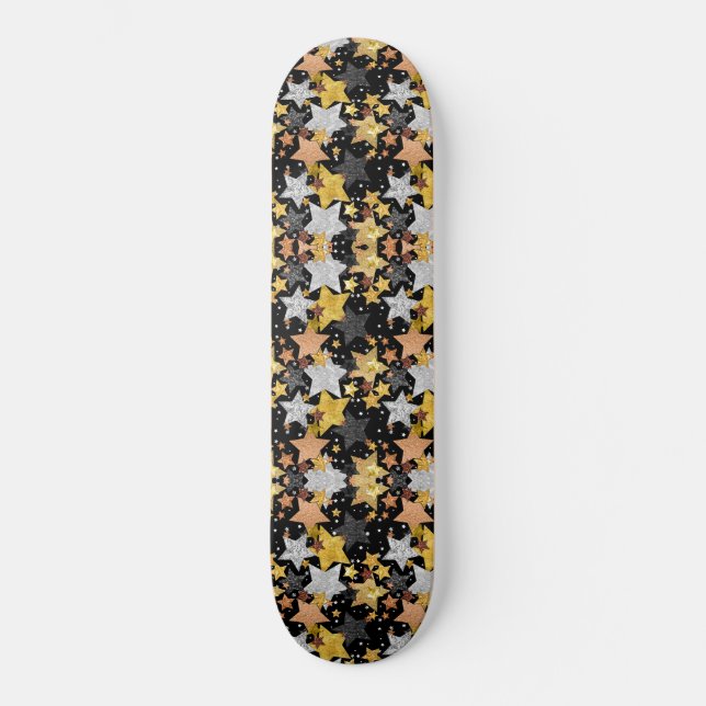 Stars Explosion Gold Black Bronze Silver Confetti Skateboard (Front)