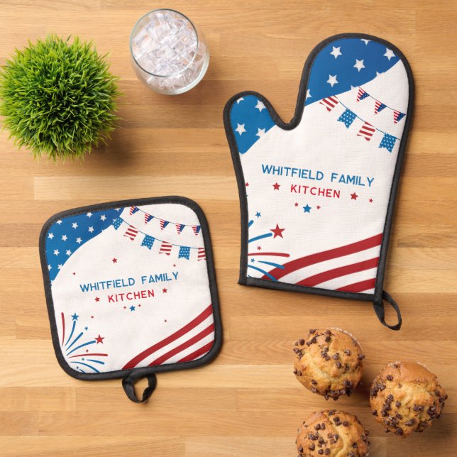 Stars Flags 4th of July Family Cookout Custom Oven Mitt & Pot Holder Set (Top Down)