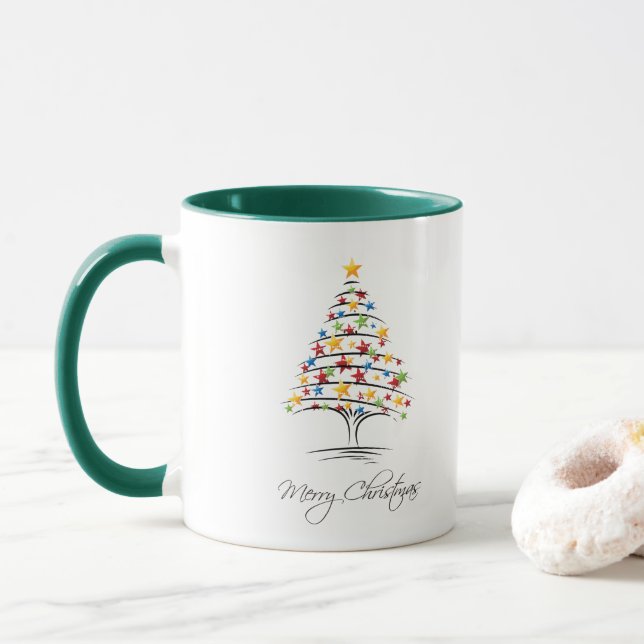 Stars Green Tree Merry Christmas  Mug (With Donut)