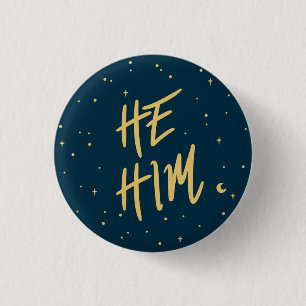 Stars He/Him Pronouns in Navy and Gold 3 Cm Round Badge