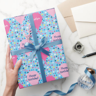 Stars Hearts Balloons Personalised Birthday Wrapping Paper