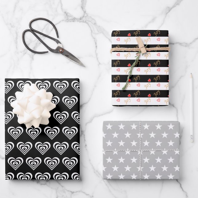 Stars & Hearts on Black and White Wrapping Paper Sheet (Front)