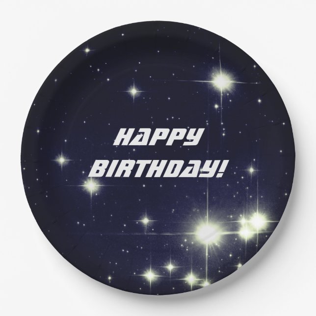 Stars in Deep Space Dark Blue Happy Birthday Paper Plate (Front)