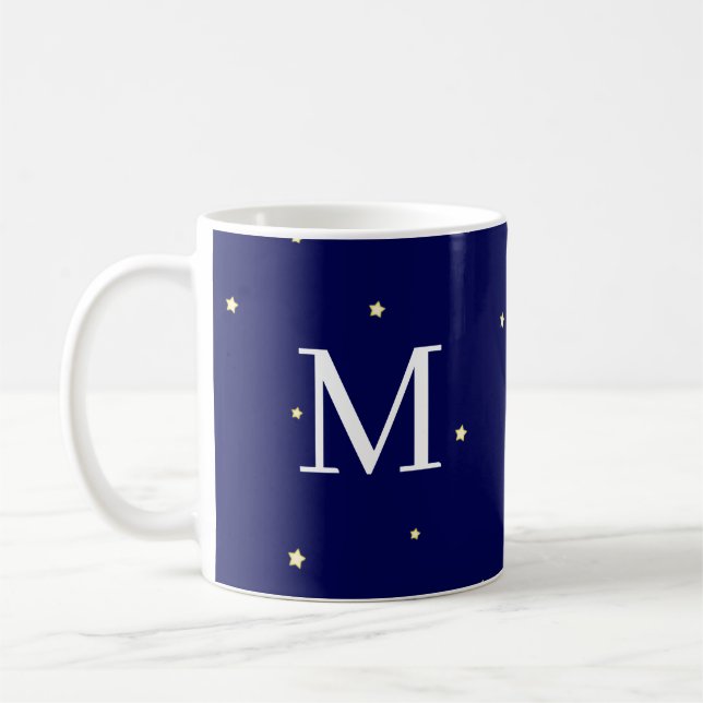 Stars In Midnight Blue Sky Fanciful Monogrammed Coffee Mug (Left)