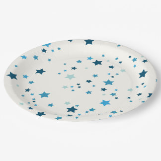 Stars in multiple shades of blue on white paper plate