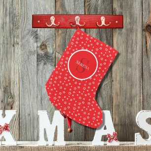 Stars in red and white with Monogram and Name Small Christmas Stocking