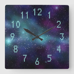 Stars in Space Purple Blue Green Dotted Numbers Square Wall Clock