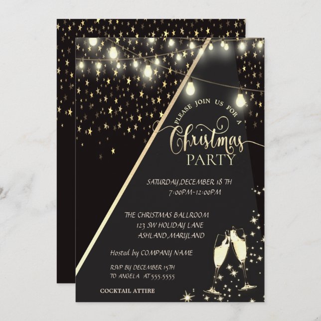 Stars,Lights,Wine Glass Company Christmas Party Invitation (Front/Back)