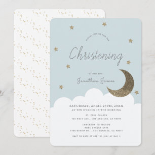 Stars & Moon Baby Blue Boy Christening Invitation