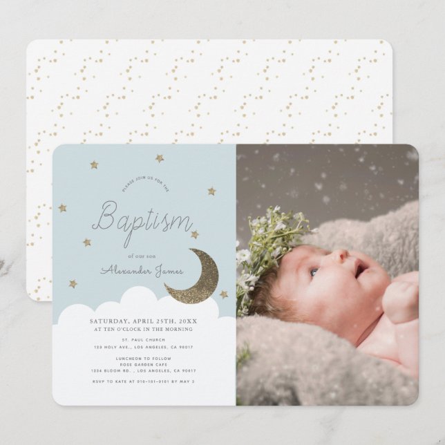 Stars & Moon Baby Blue Boy Photo Baptism Invitation (Front/Back)