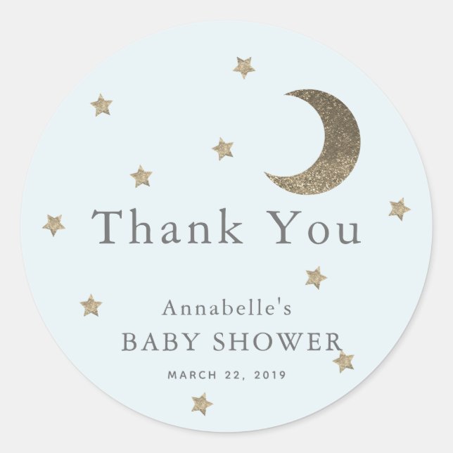 Stars & Moon Baby Shower Blue Thank You Sticker (Front)