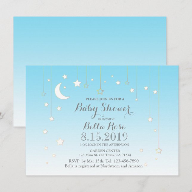 Stars moon blue boy baby shower invitation (Front/Back)