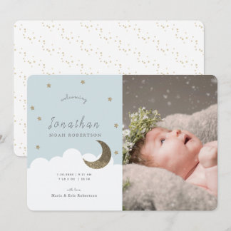 Stars & Moon Blue Boy Photo Birth Announcement