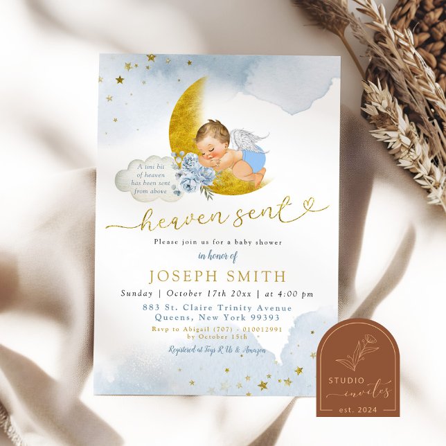 Stars Moon Blue Heaven Sent Blonde Baby Shower Invitation (Creator Uploaded)