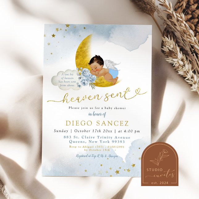 Stars Moon Blue Heaven Sent Mexican Baby Shower Invitation (Creator Uploaded)