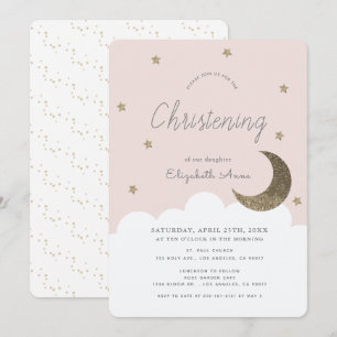 Stars & Moon Blush Pink Girl Christening Invitation