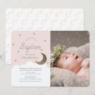 Stars & Moon Blush Pink Girl Photo Baptism Invitation