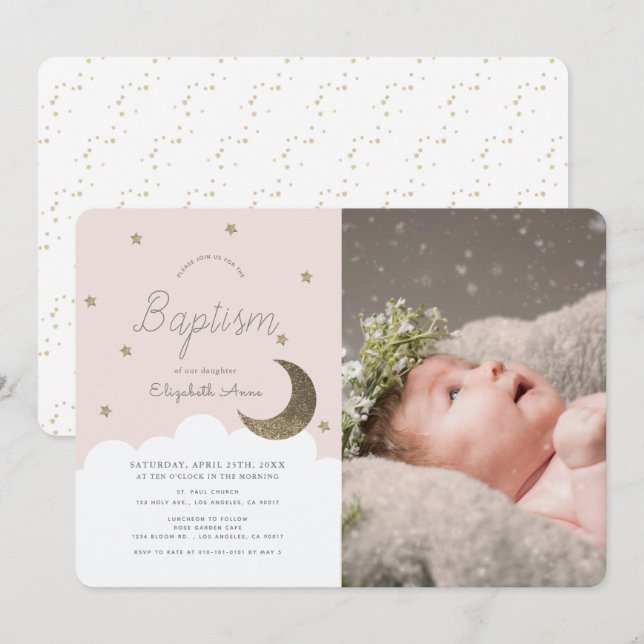 Stars & Moon Blush Pink Girl Photo Baptism Invitation (Front/Back)