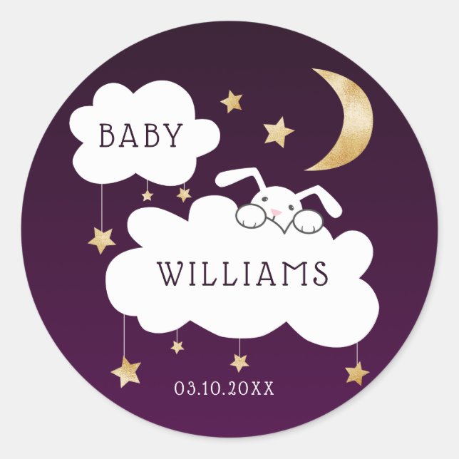 Stars Moon Bunny Gold Purple Baby Shower Classic Round Sticker (Front)