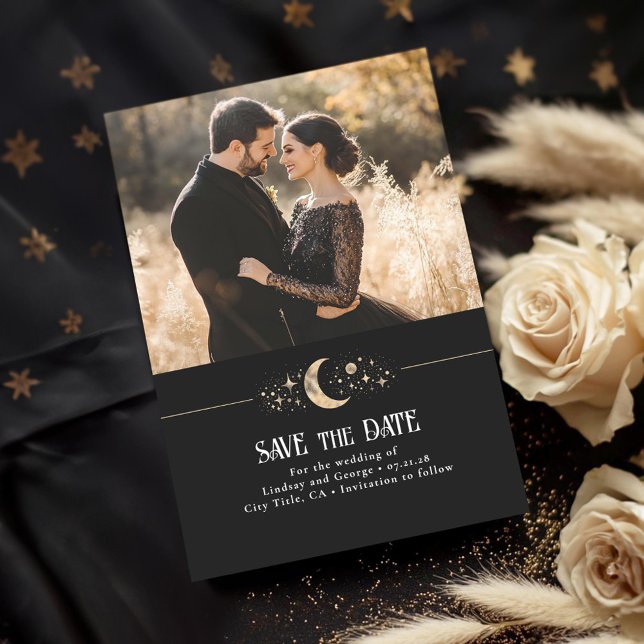 Stars Moon Celestial Black Save the Date Photo (Celestial Save the Date Photo Cards)