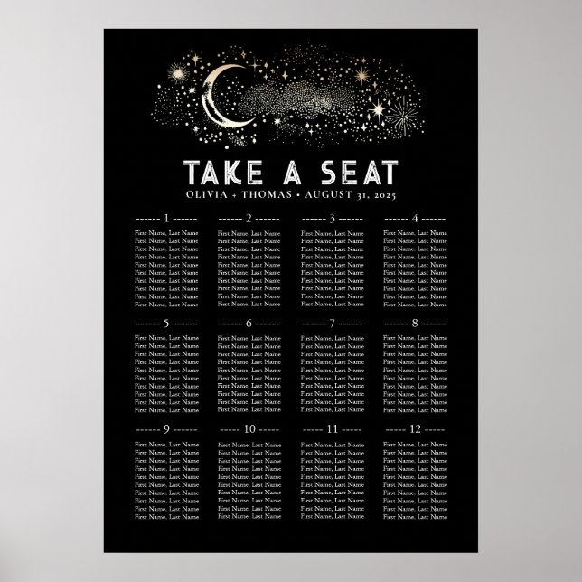 Stars Moon Celestial Black Wedding Seating Chart (Front)