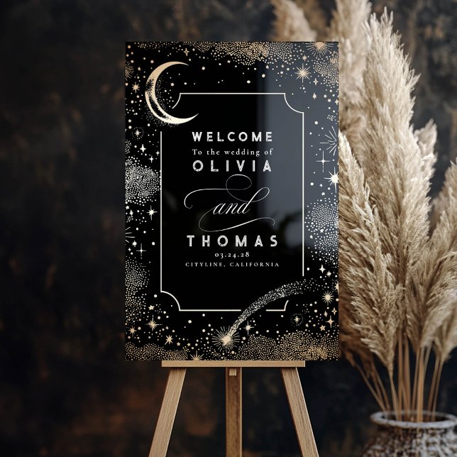 Stars Moon Celestial Black Wedding Welcome Sign (Celestial Black Wedding Acrylic Welcome Sign)