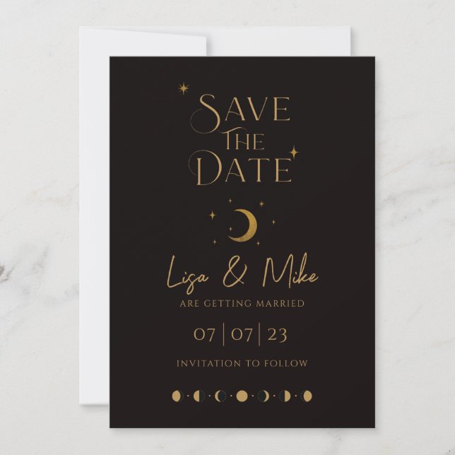 Stars & Moon Celestial Save the Date, Black & Gold Invitation (Front)