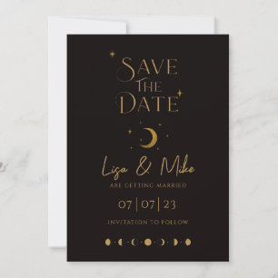 Stars & Moon Celestial Save the Date, Black & Gold Invitation