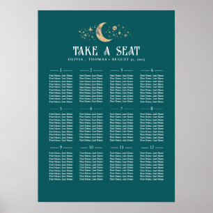 Stars Moon Celestial Teal Wedding Seating Chart