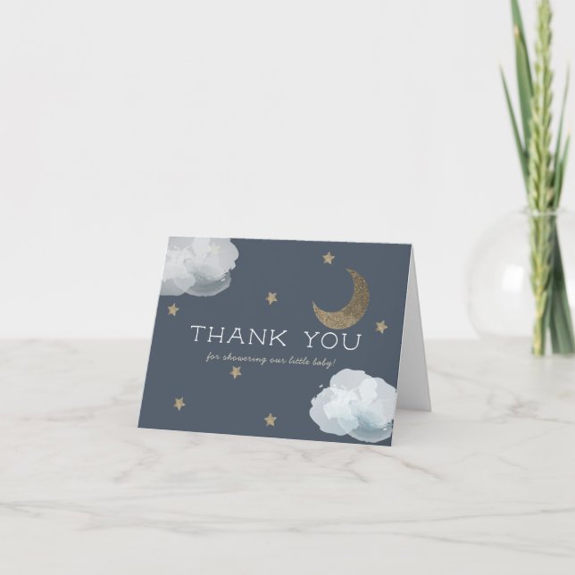 Stars Moon Cloud Blue Baby Shower Thank You Card (Front)