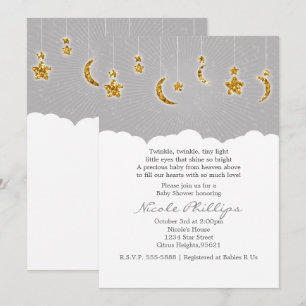 Stars Moon & Clouds Baby Shower Grey Invitations