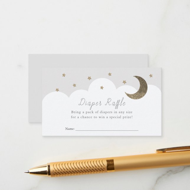 Stars Moon & Clouds Grey Diaper Raffle Ticket Enclosure Card (Front/Back In Situ)