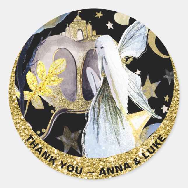 *~* Stars Moon Fairy Tale Gold Glitter Castle Classic Round Sticker (Front)