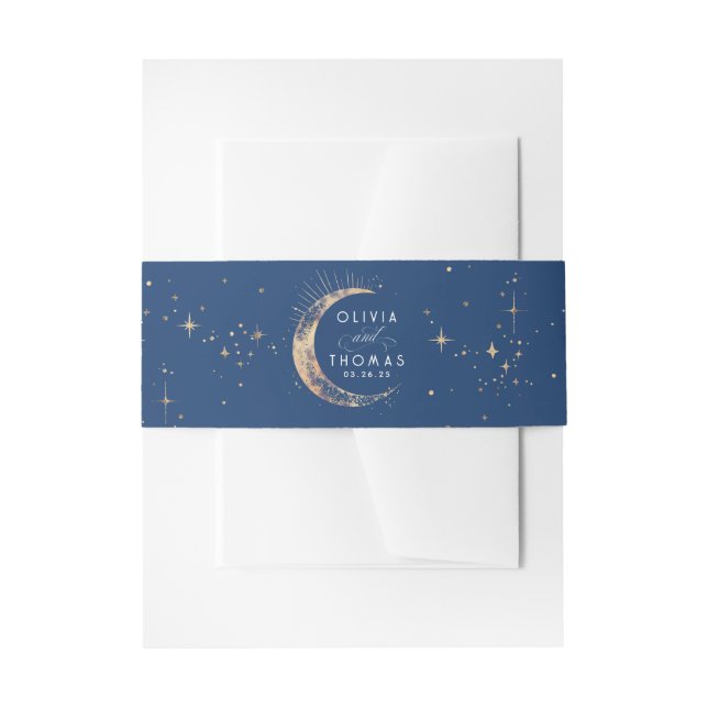 Stars Moon Navy Blue and Gold Celestial Wedding Invitation Belly Band (Front Example)