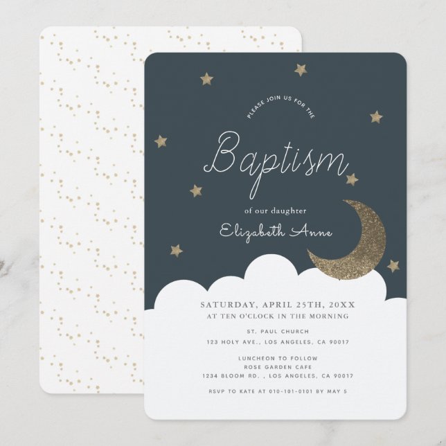 Stars & Moon Navy Blue Boy Baptism Invitation (Front/Back)