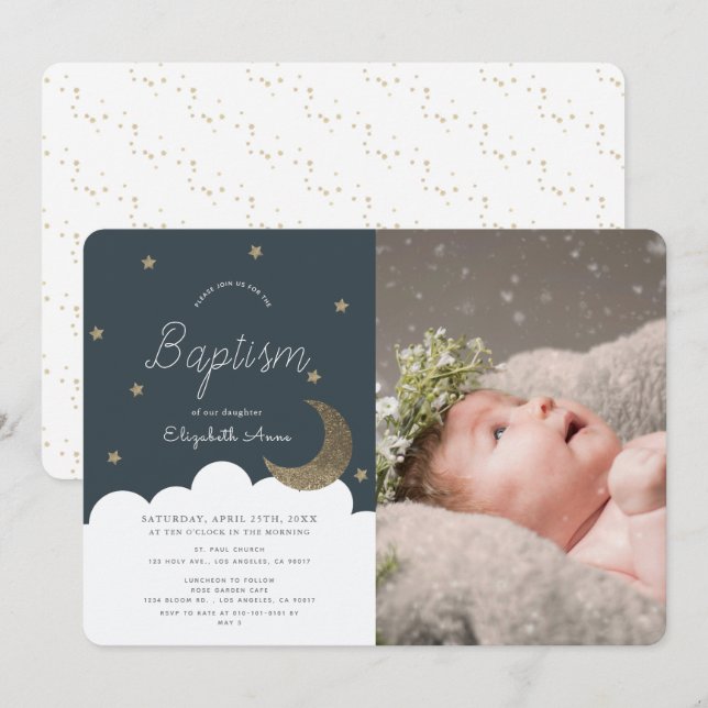 Stars & Moon Navy Blue Boy Photo Baptism Invitation (Front/Back)