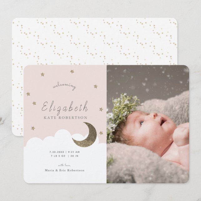 Stars & Moon Pink Girl Photo Birth Announcement (Front/Back)