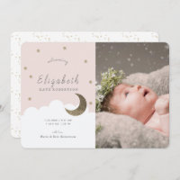 Stars & Moon Pink Girl Photo Birth Announcement