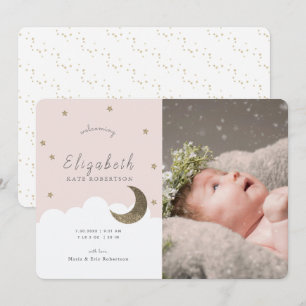 Stars & Moon Pink Girl Photo Birth Announcement